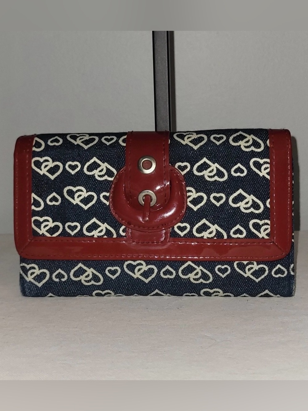 Heart Print Denim Checkbook Wallet Red Faux Leather Buckle Snap Purse Organizer